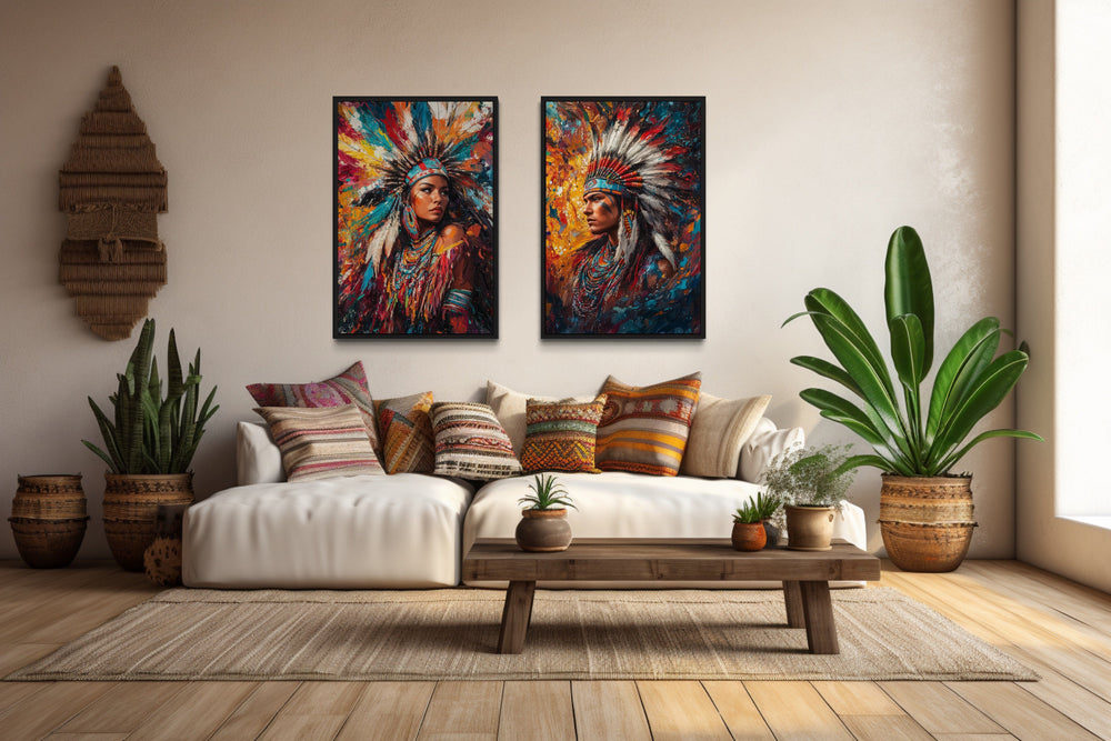 Indigenous Man and Woman Set Of 2 Native American Canvas Wall Art in southwestern room