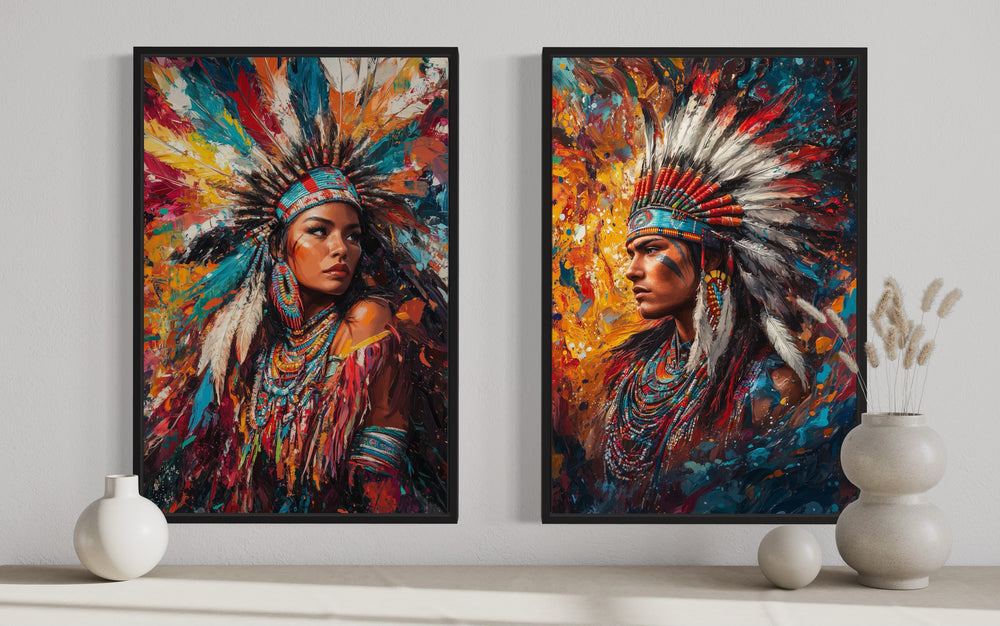 Set of 2 colorful canvas wall art portraits of an Indigenous man and woman in traditional headdresses