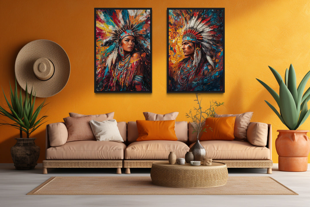 Indigenous Man and Woman Set Of 2 Native American Canvas Wall Art