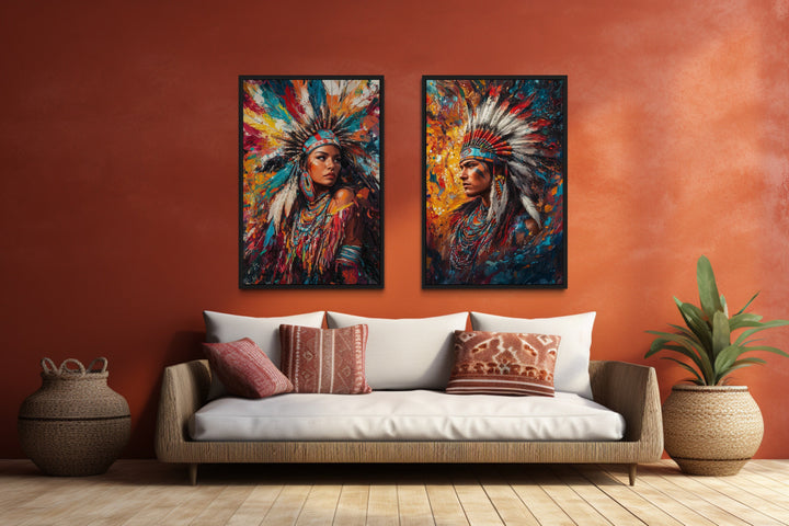 Indigenous Man and Woman Set Of 2 Native American Canvas Wall Art