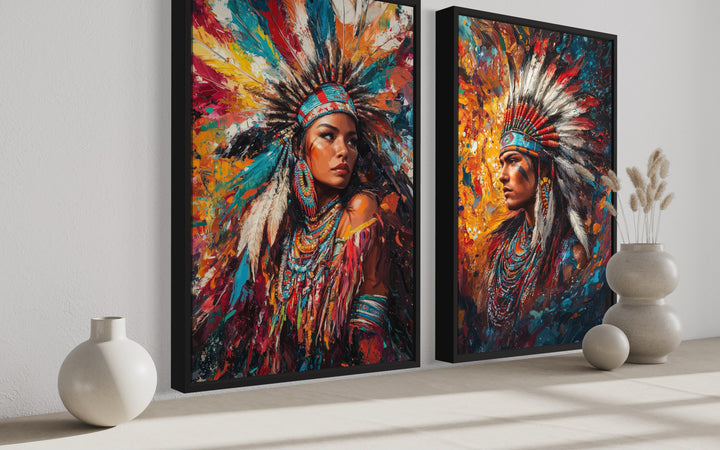 Indigenous Man and Woman Set Of 2 Native American Canvas Wall Art