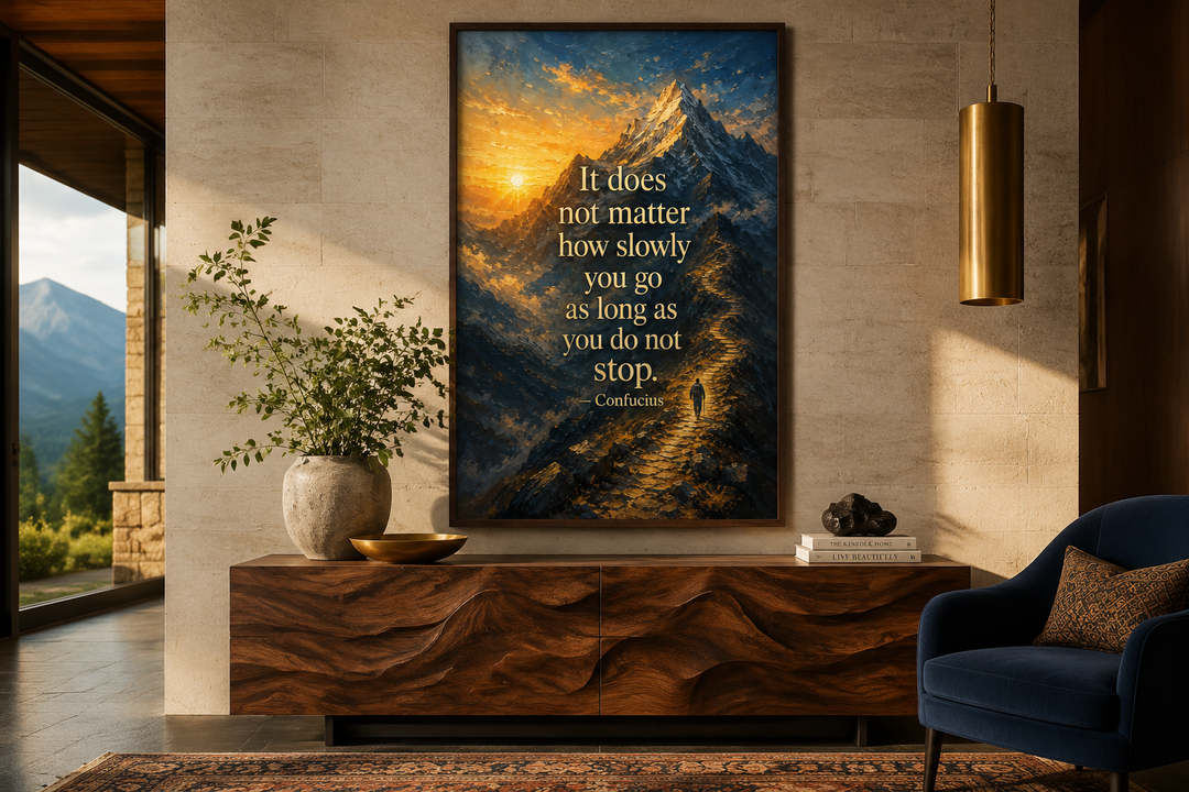 Confucius quote canvas print with a mountain sunrise and a hiker on a winding path.