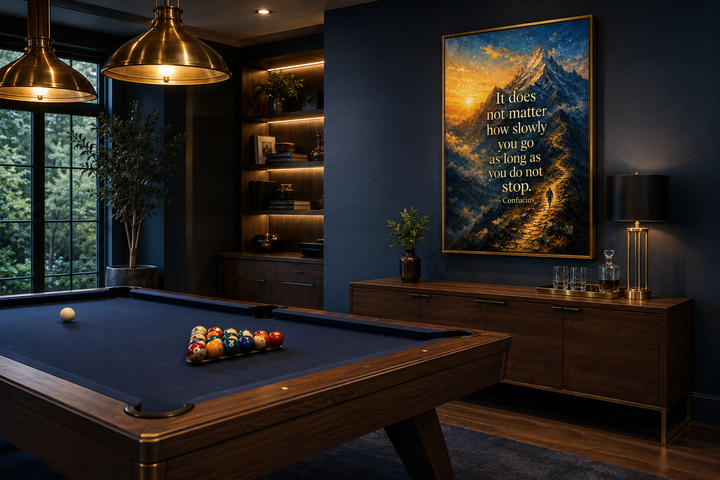 Confucius quote canvas art with mountain sunrise over a pool table in a dark blue room.
