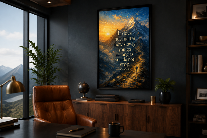 Confucius quote canvas print with mountain sunrise and hiker in a modern office setting.