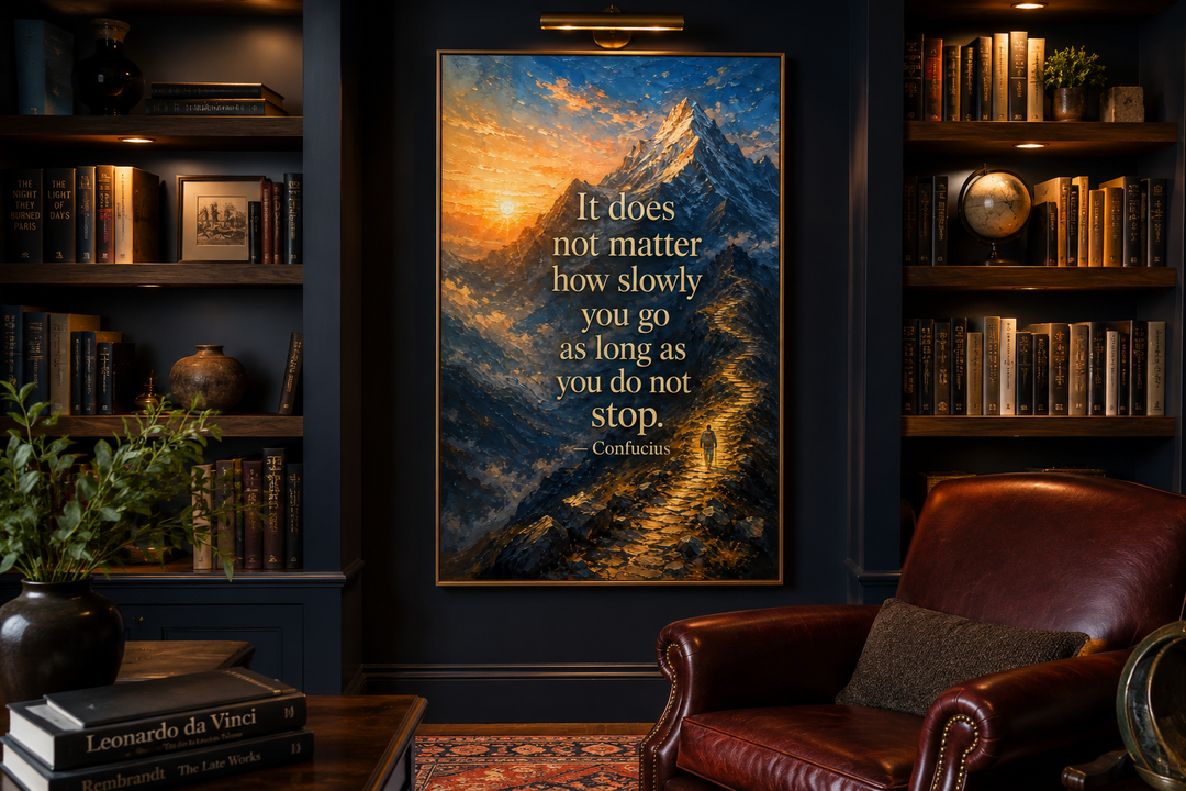 Confucius quote canvas print of a mountain sunrise with a hiker on a path in a dark library setting.