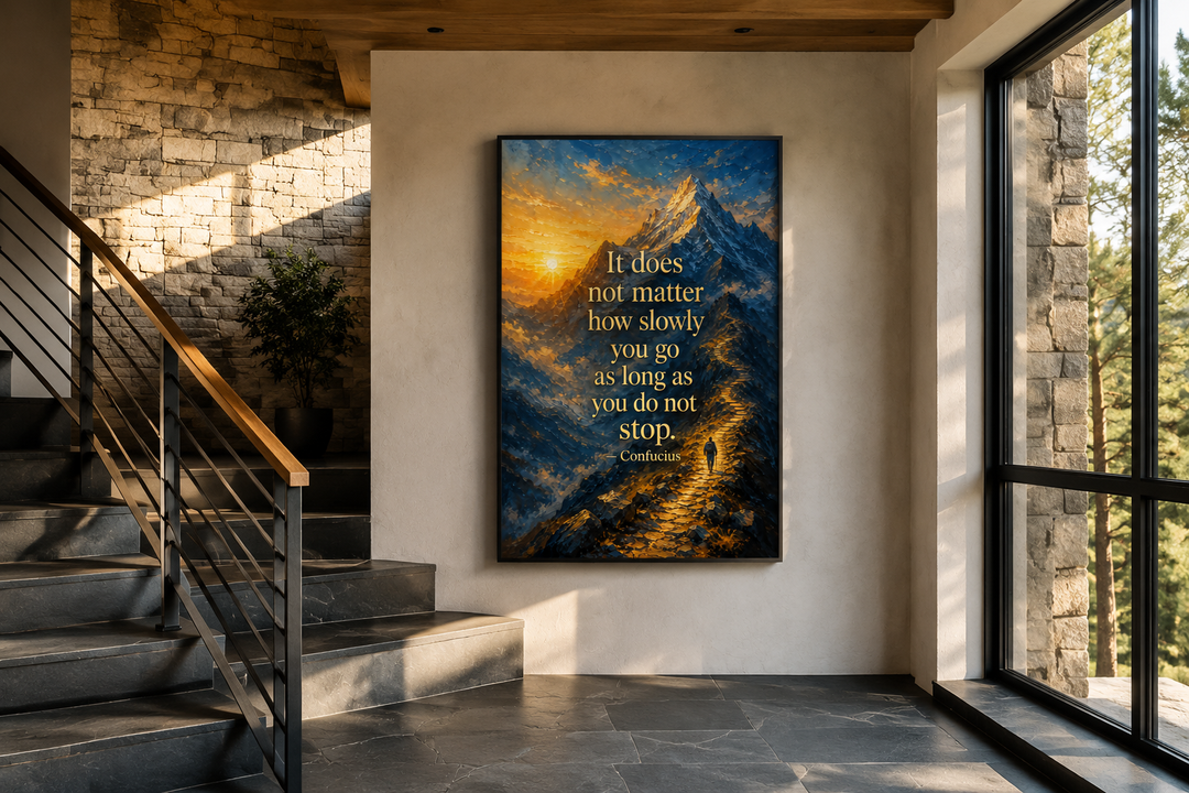 Confucius quote canvas art with mountain sunrise and hiker on a wall in a modern home interior.