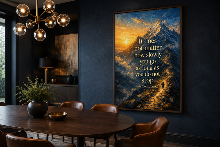Confucius quote canvas print with mountain sunrise and hiker in a modern dining room setting.