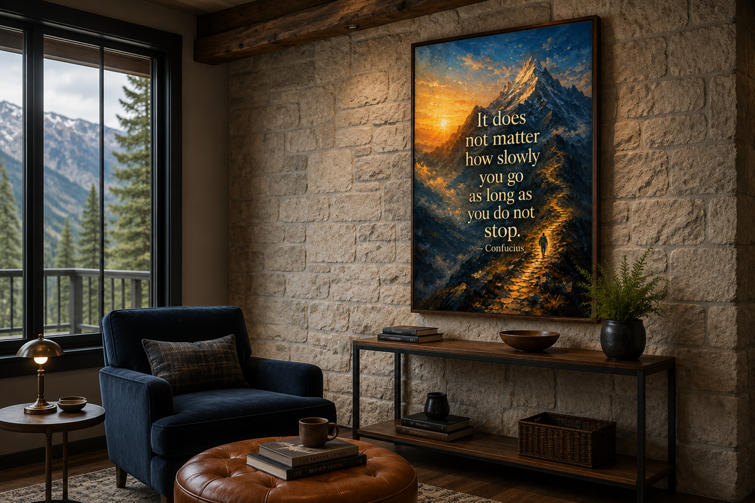 Confucius quote canvas print of a mountain sunrise with a hiker on a golden path in a home office.
