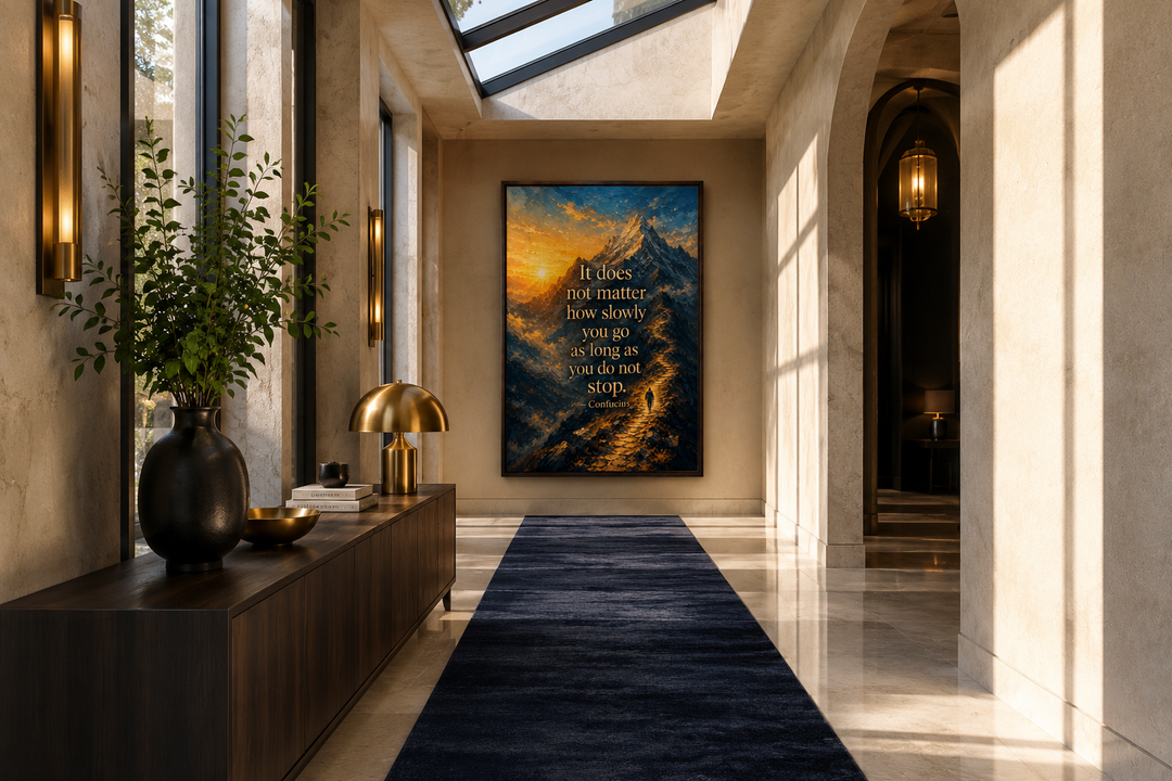Confucius quote canvas print featuring a mountain sunrise and hiker in a modern hallway setting.