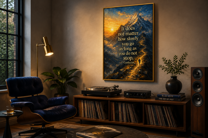 Confucius quote canvas print featuring a mountain sunrise and hiker in a modern home office.
