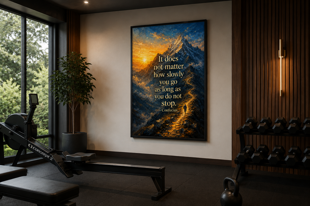 Confucius quote canvas print with mountain sunrise in a modern home gym setting.