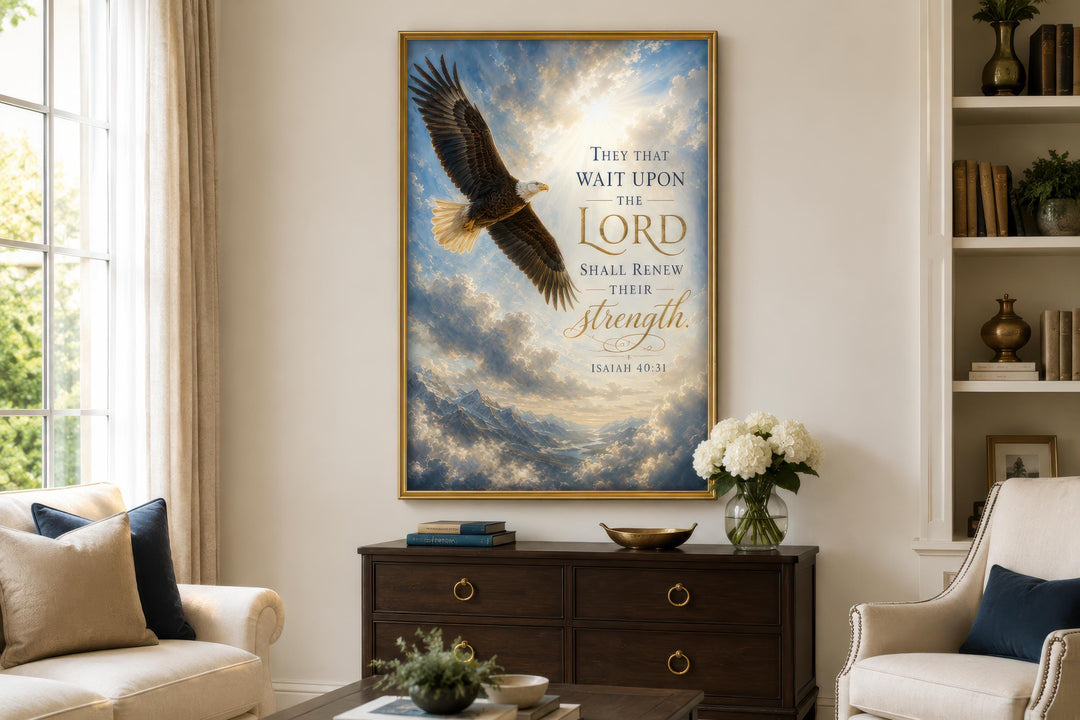 Isaiah 40:31 Scripture wall art featuring a soaring bald eagle over mountains and clouds.