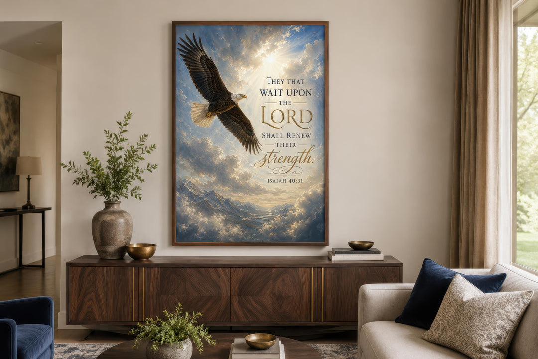 Isaiah 40:31 scripture canvas art featuring a soaring bald eagle over mountains and clouds.