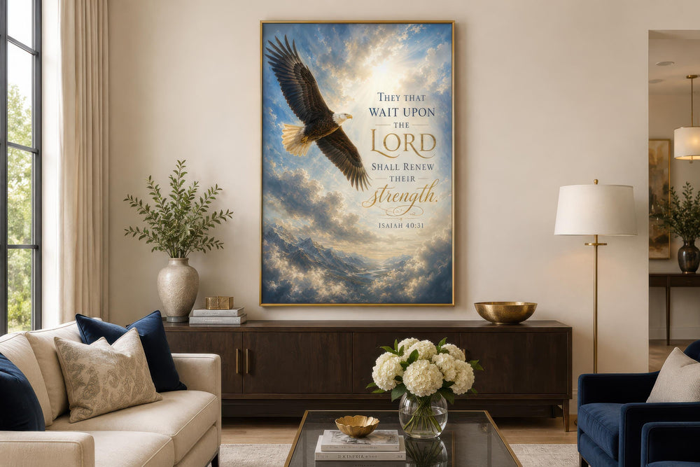 Isaiah 40:31 wall art featuring a soaring bald eagle over mountains with gold scripture text.