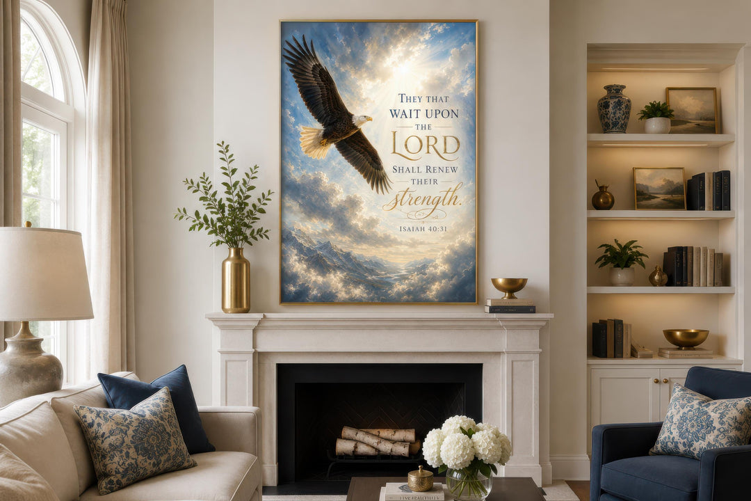 Isaiah 40:31 canvas wall art with a soaring bald eagle over mountains above a fireplace.