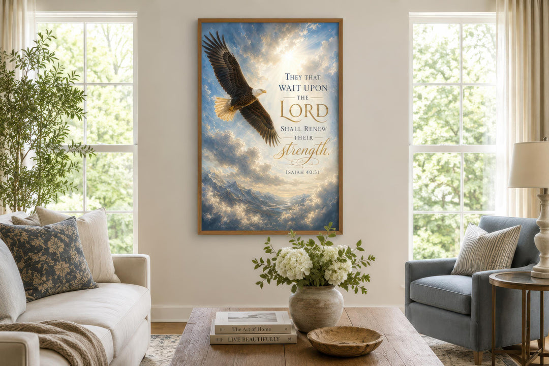 Isaiah 40:31 Christian wall art featuring a soaring bald eagle over mountains with scripture text.