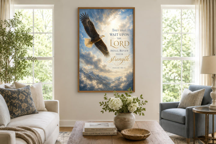 Isaiah 40:31 Christian wall art featuring a soaring bald eagle over mountains with scripture text.