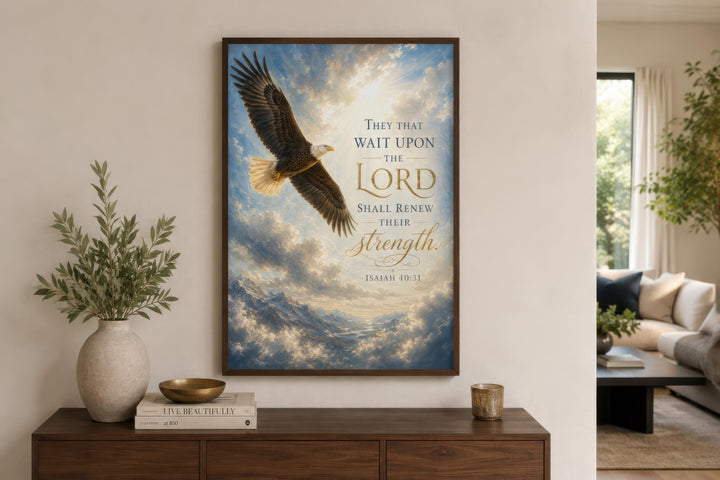 Isaiah 40:31 scripture canvas art featuring a soaring bald eagle over mountains and clouds.