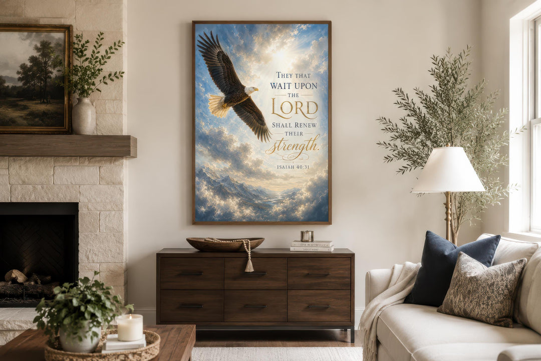 Isaiah 40:31 Scripture wall art featuring a soaring bald eagle over mountains and clouds.