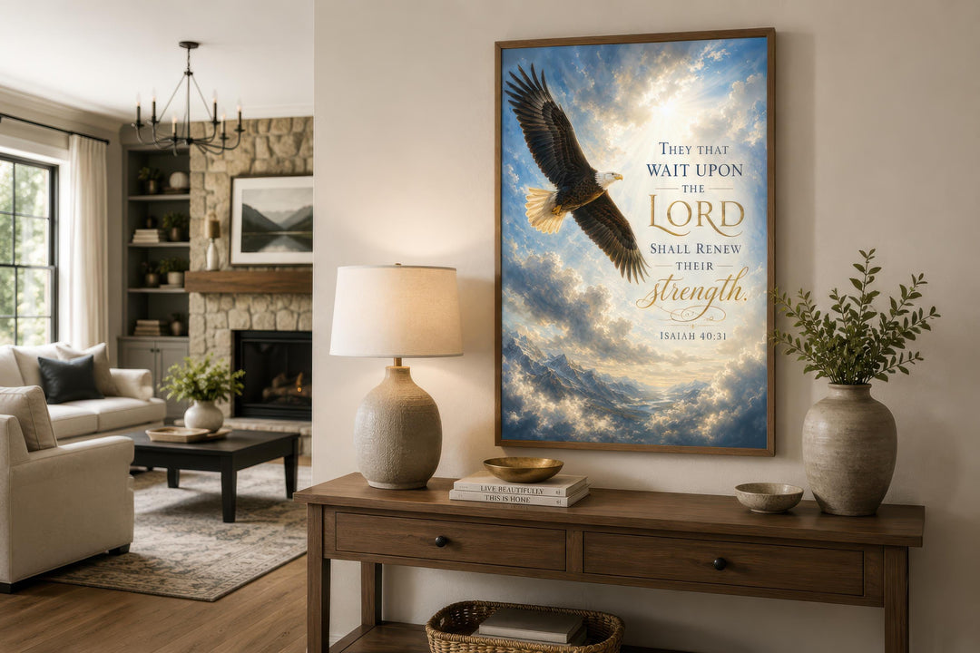 Isaiah 40:31 scripture canvas wall art featuring a soaring bald eagle over mountains and clouds.