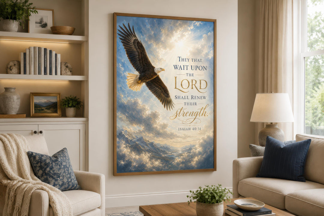 Isaiah 40:31 scripture canvas art with a soaring bald eagle over mountains in a living room.
