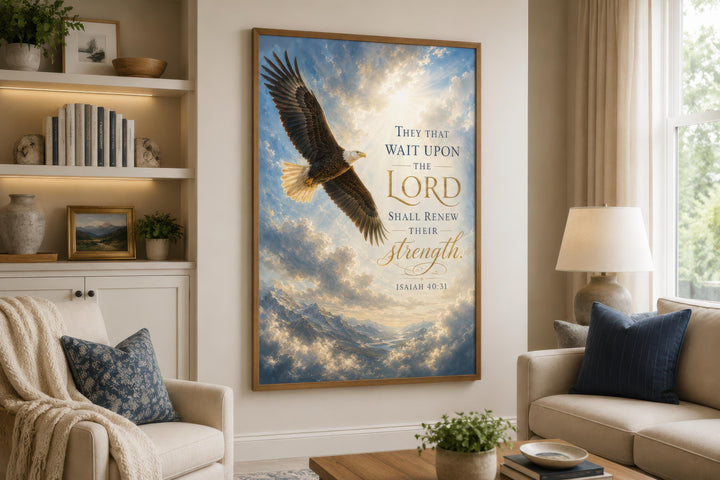 Isaiah 40:31 scripture canvas art with a soaring bald eagle over mountains in a living room.