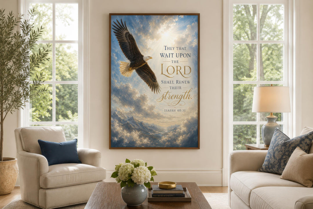 Isaiah 40:31 Christian canvas wall art featuring a soaring bald eagle over mountains and clouds.