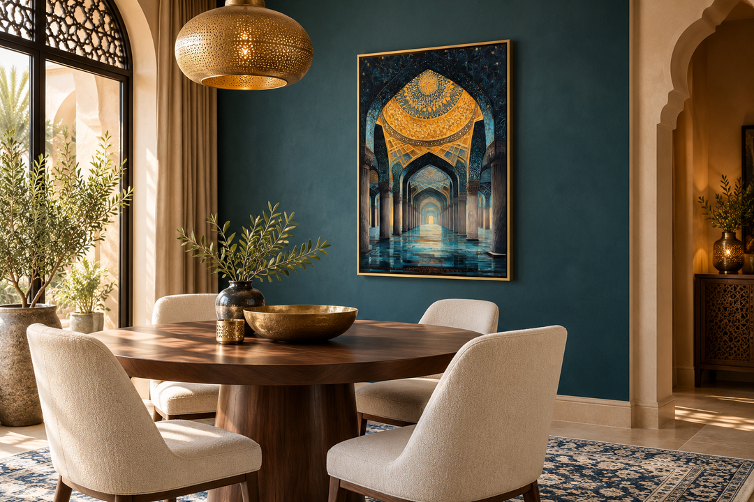 Middle Eastern mosque framed canvas wall art with blue and gold arches in a dining room setting.