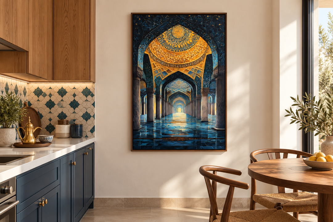 Middle Eastern Mosque Framed Canvas Wall Art in a kitchen with blue cabinets and a wooden table.