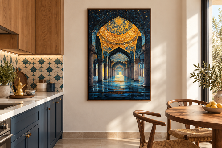 Middle Eastern Mosque Framed Canvas Wall Art in a kitchen with blue cabinets and a wooden table.