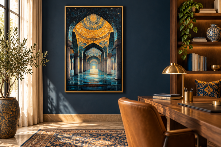 Middle Eastern Mosque Framed Canvas Wall Art in a gold frame on a dark blue wall in a home office.