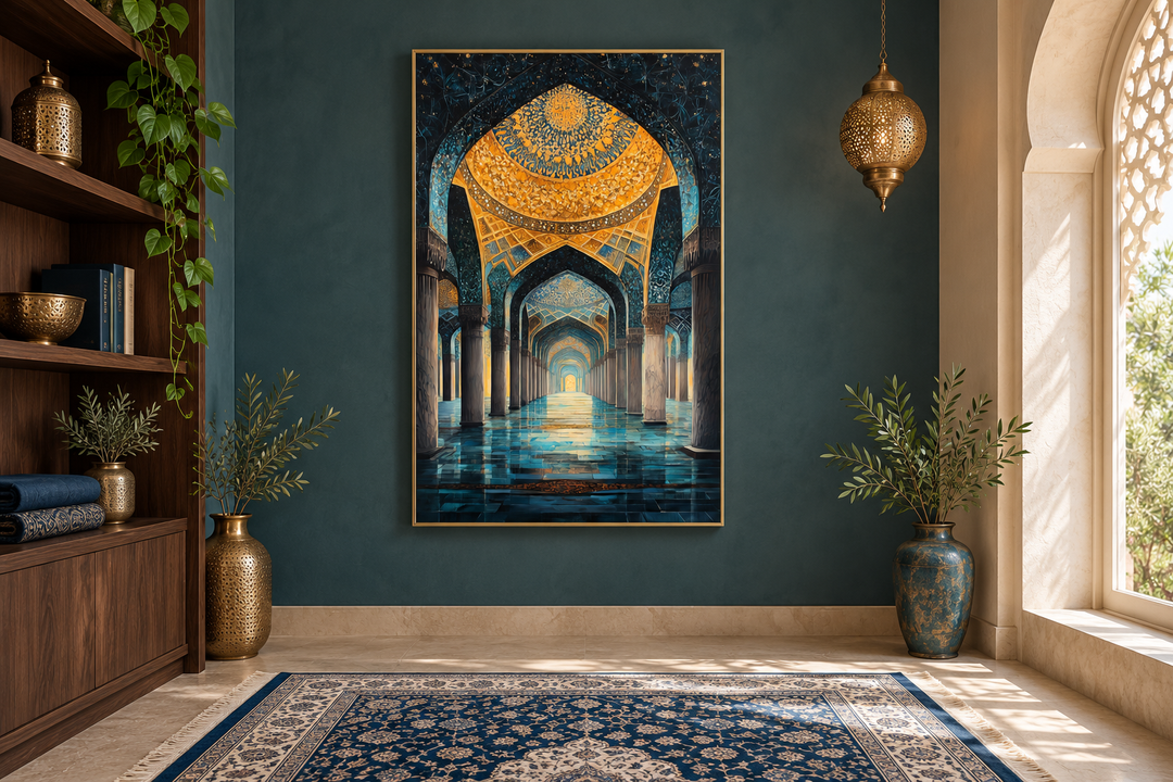 Middle Eastern mosque interior framed canvas wall art in a teal room with gold accents and a rug.