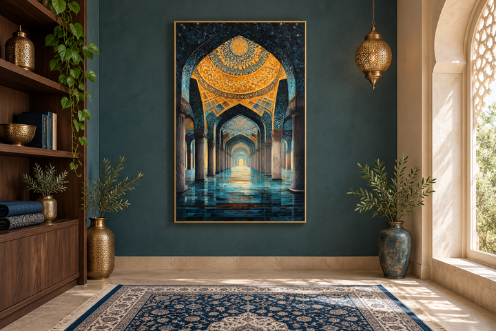 Middle Eastern mosque interior framed canvas wall art in a teal room with gold accents and a rug.