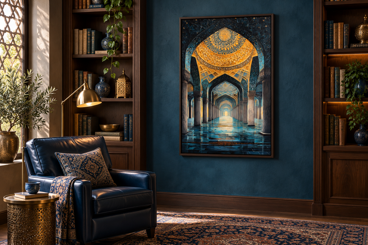 Middle Eastern mosque framed canvas wall art in a dark blue library with a leather armchair.