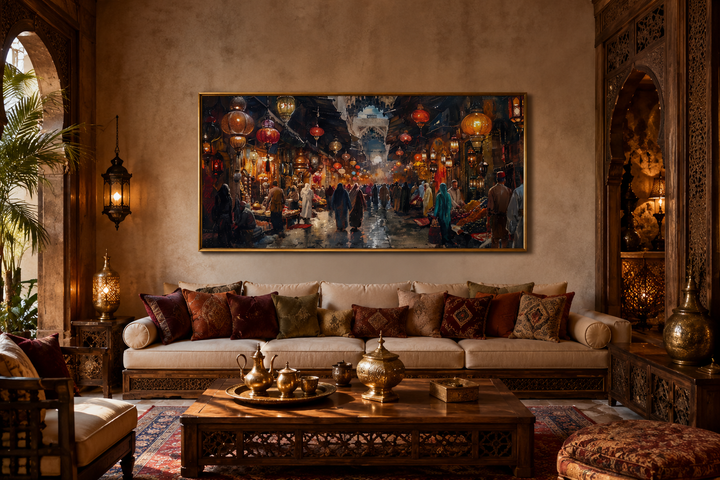 Framed canvas painting of a bustling oriental bazaar hanging above a sofa in a rustic living room.
