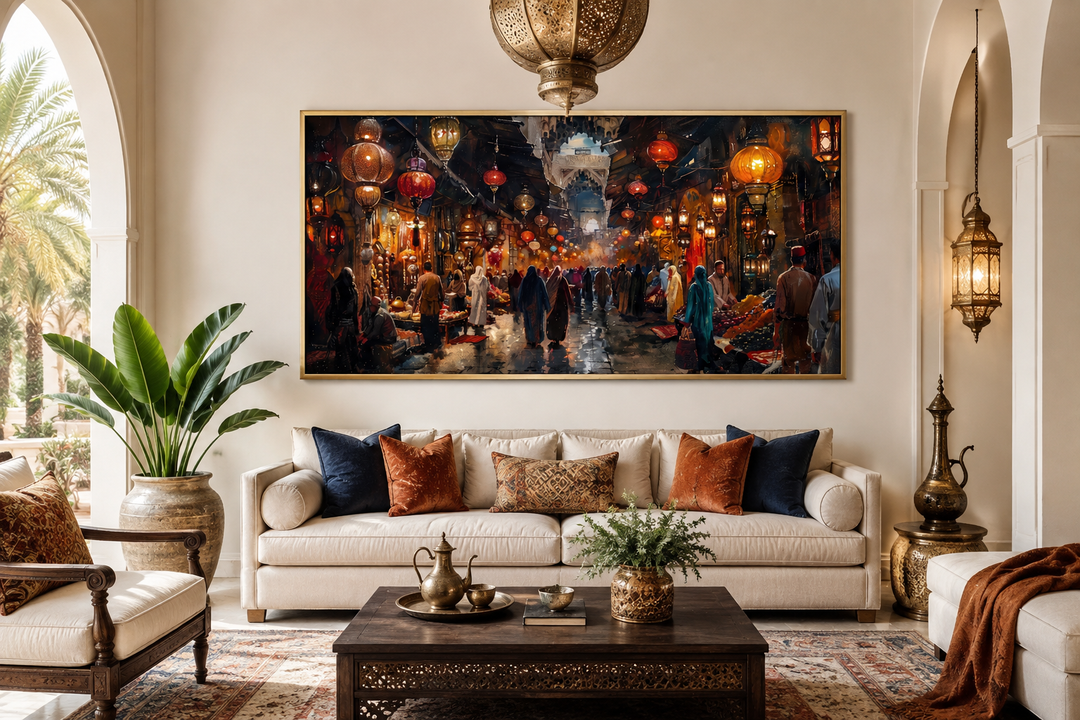 Framed canvas painting of a bustling oriental bazaar market hanging above a sofa in a living room.