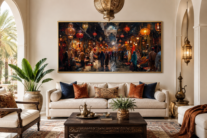 Framed canvas painting of a bustling oriental bazaar market hanging above a sofa in a living room.