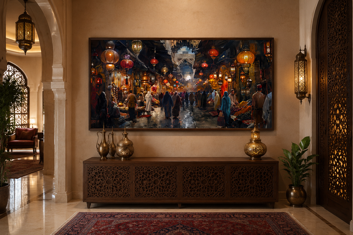 Framed canvas painting of a bustling oriental bazaar market scene hanging above a wooden console.