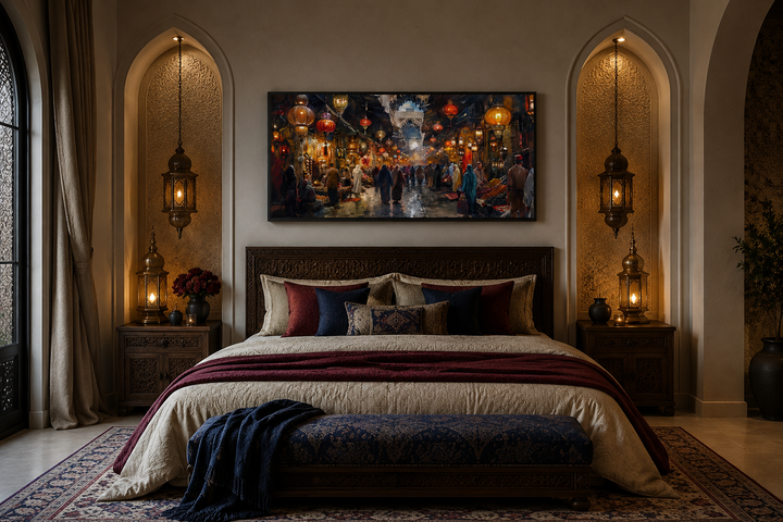 Framed canvas painting of a bustling oriental bazaar hanging above a bed in a rustic bedroom.