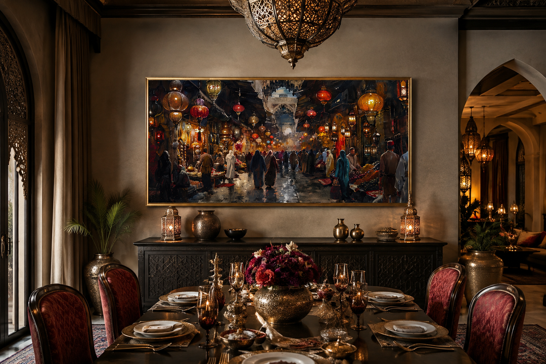 Framed canvas painting of a bustling oriental bazaar market hanging in a traditional dining room.