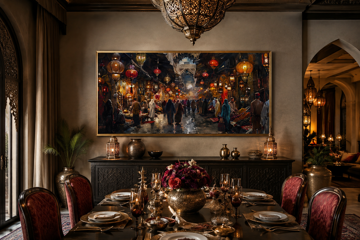 Framed canvas painting of a bustling oriental bazaar market hanging in a traditional dining room.