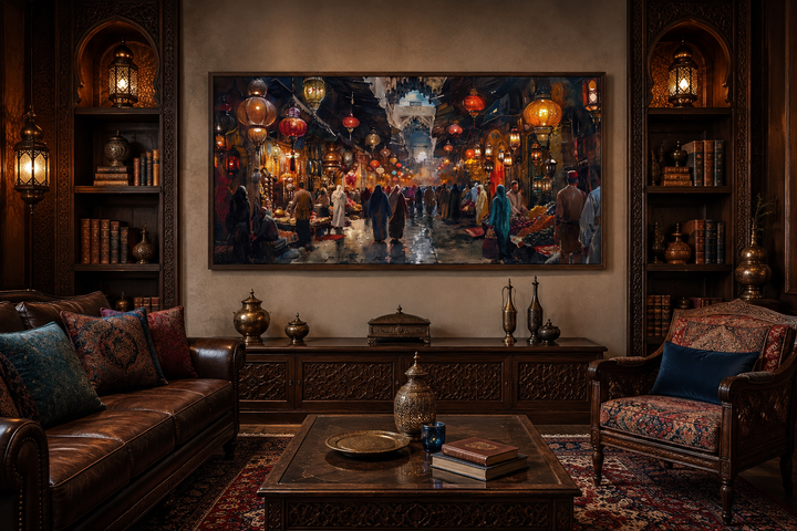 Framed canvas painting of a bustling oriental bazaar market hanging in a rustic living room.
