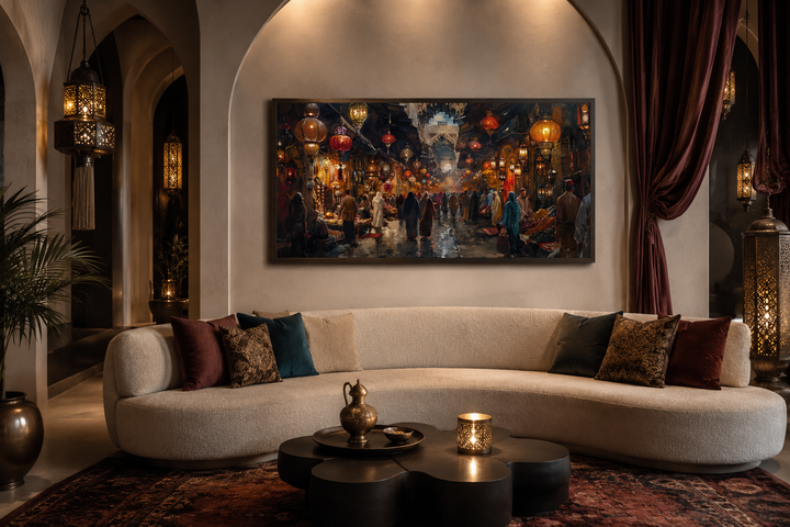 Framed canvas painting of a bustling oriental bazaar market hanging above a curved white sofa.