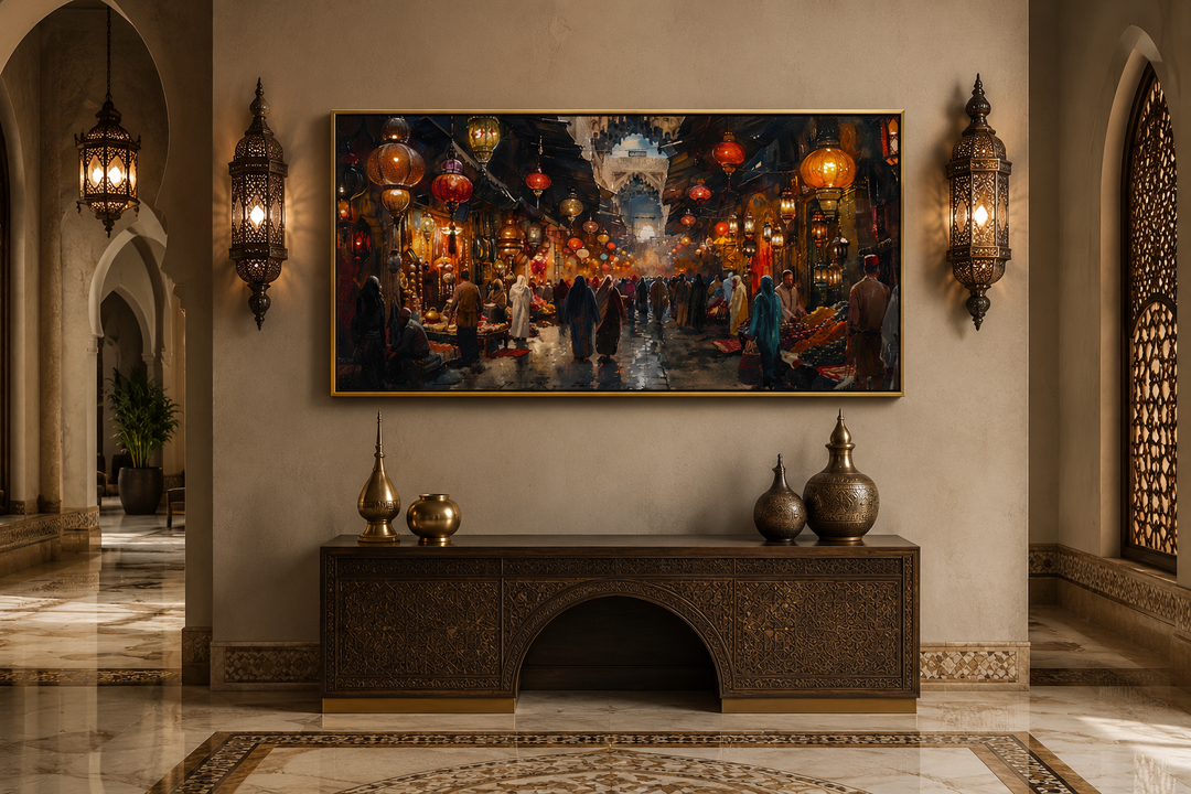 Framed canvas painting of a bustling oriental bazaar market with warm lanterns and vibrant figures.