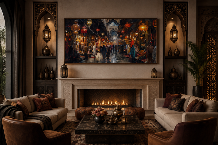 Traditional framed canvas painting of a bustling oriental bazaar hanging above a fireplace.