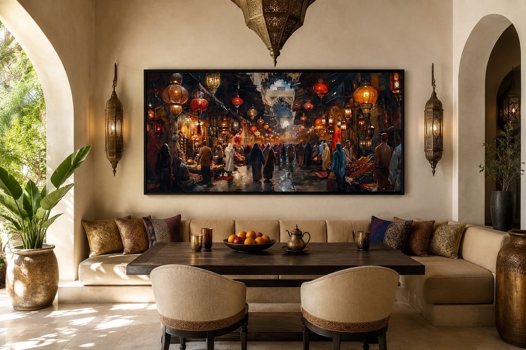 Framed canvas painting of a bustling oriental bazaar market hanging in a rustic dining room.