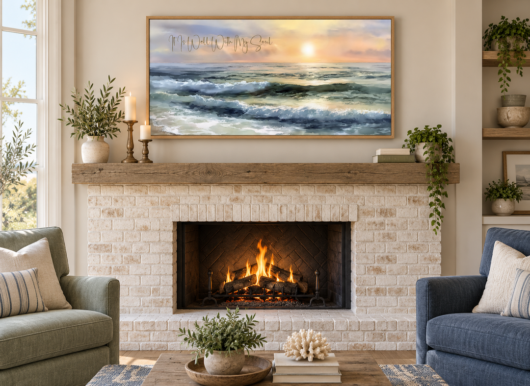 It Is Well With My Soul wall art featuring a peaceful ocean seascape above a brick fireplace.