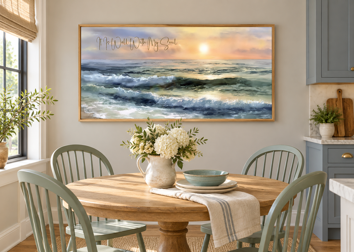 It Is Well With My Soul wall art featuring a peaceful ocean seascape in a wooden frame.