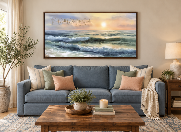 It Is Well With My Soul wall art featuring a peaceful ocean seascape in a walnut frame over a sofa.