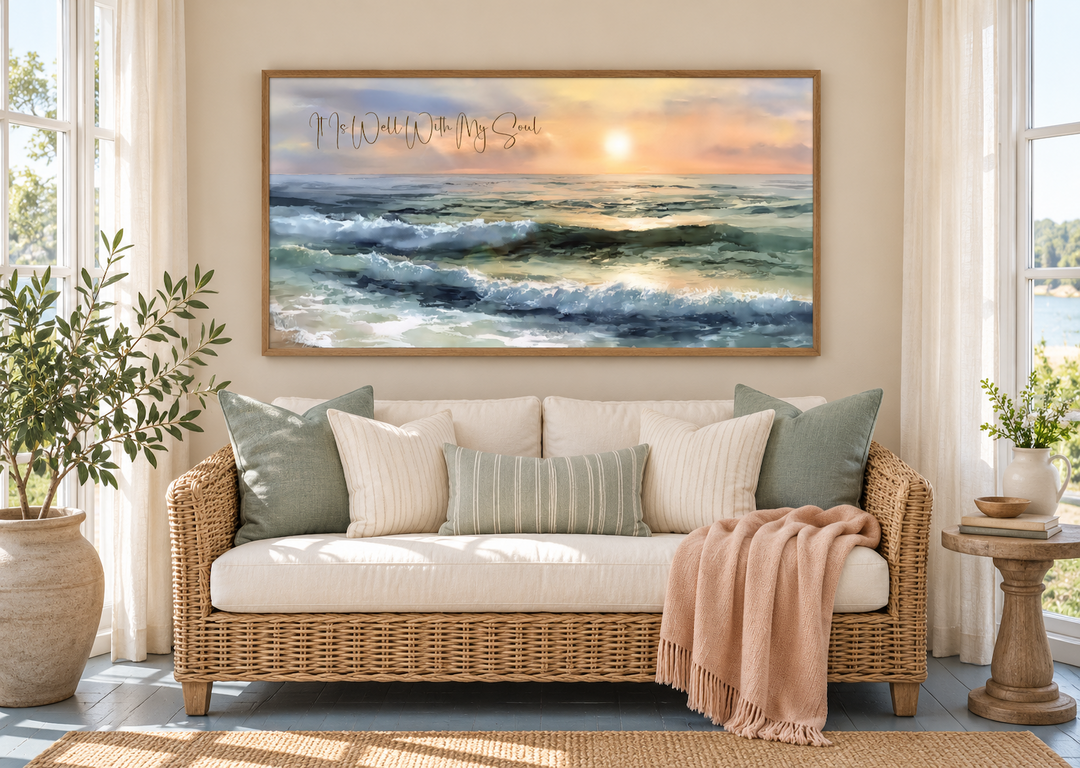 It Is Well With My Soul wall art featuring a peaceful ocean seascape at sunset in a wooden frame.